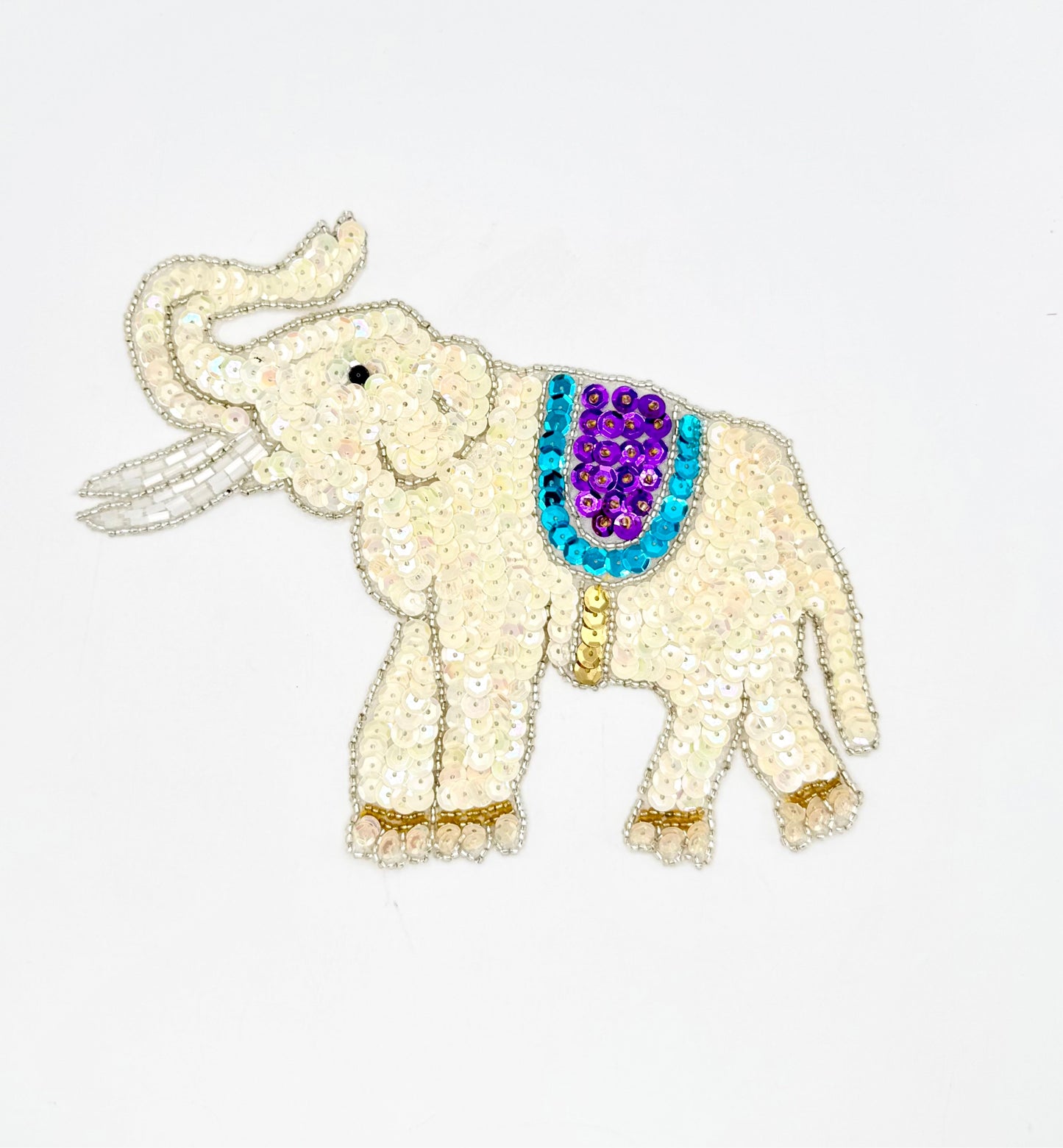 Elephant with Beige/Turquoise/Purple Sequins and Silver Beads 7” x 5.5”