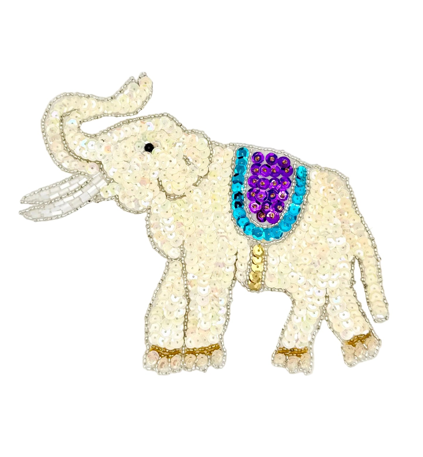 Decorative sequin elephant with beads on a white background