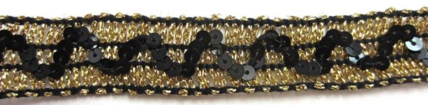 Adorno con hilo de lingotes de oro y lentejuelas negras de 2,2 cm de ancho, se vende por metro lineal