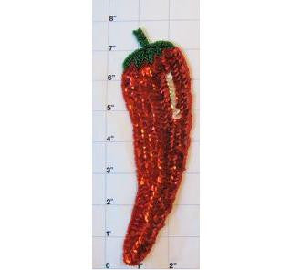 Chili Pepper with Red, Green and White Sequins with Red and Green Beads 8" x 2.5"
