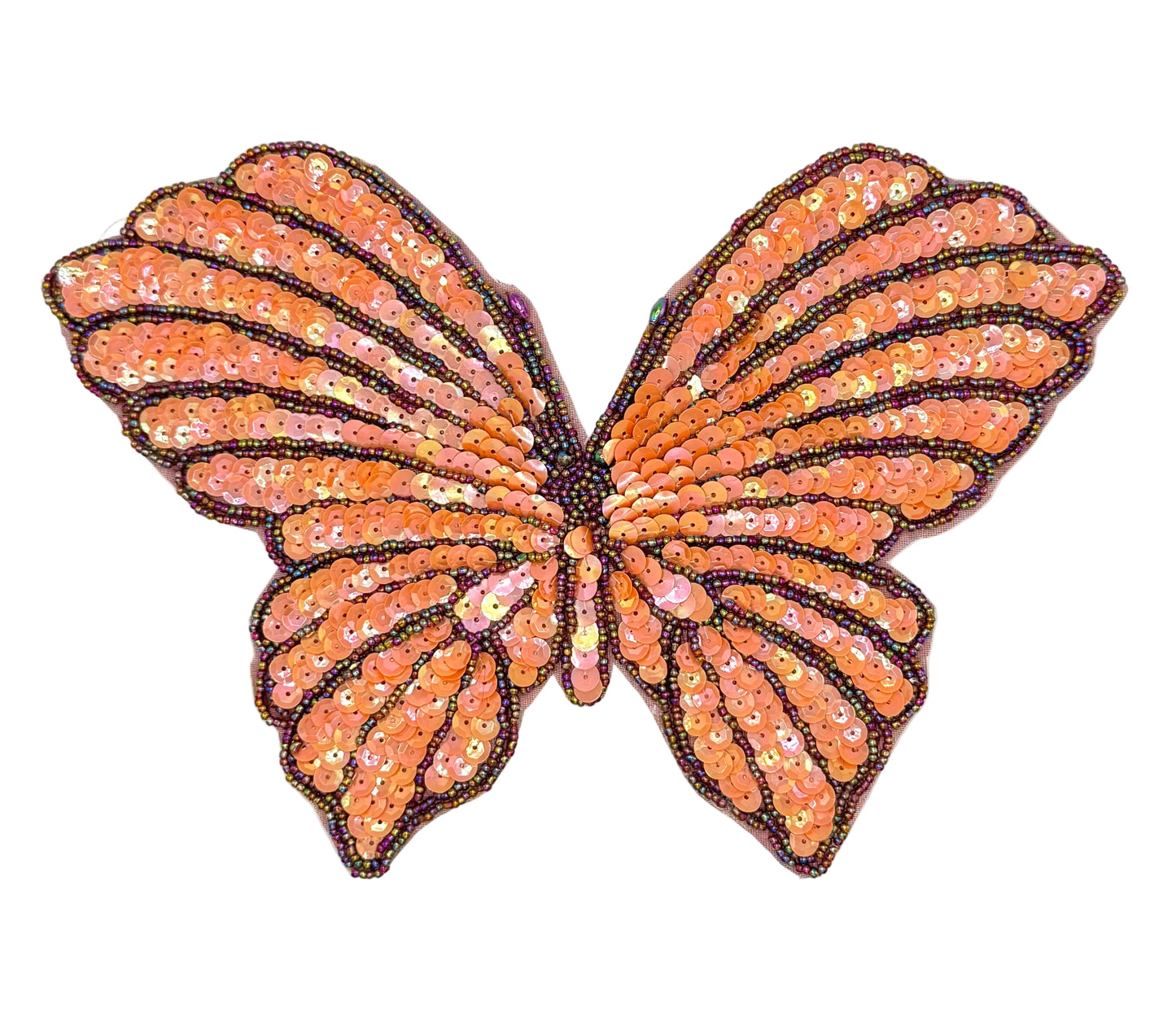 Butterfly-shaped decorative patch with sequins on a white background