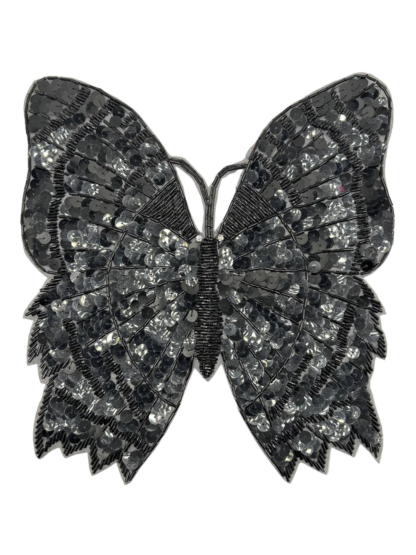 Black butterfly patch with sequin details on a white background