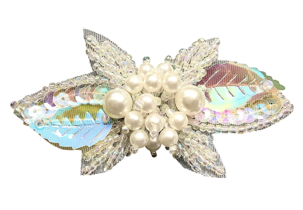 Designer Leaf Appliqué - Iridescent Sequins- Glass Beads - Center White Pearl Cluster 2.75” x 1.5”