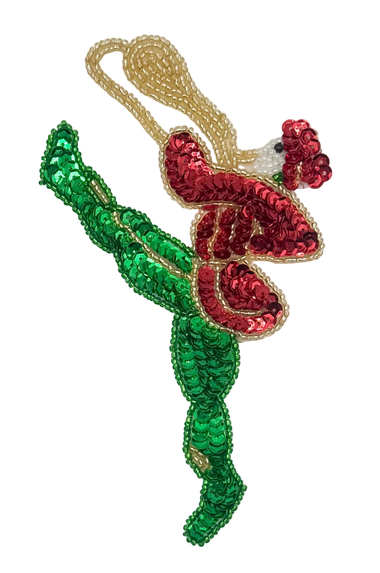 Decorative applique with green and red sequin design on a white background