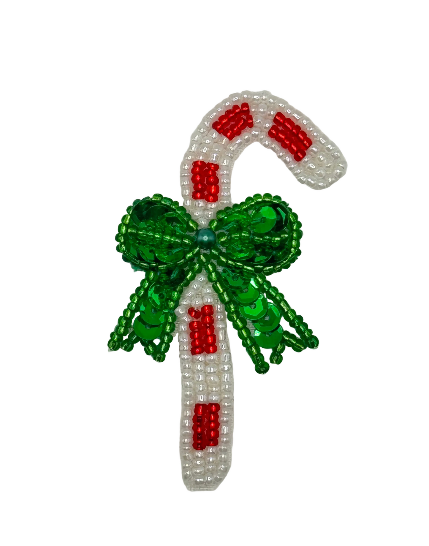Decorative sequin and bead candy cane with green bow on a white background