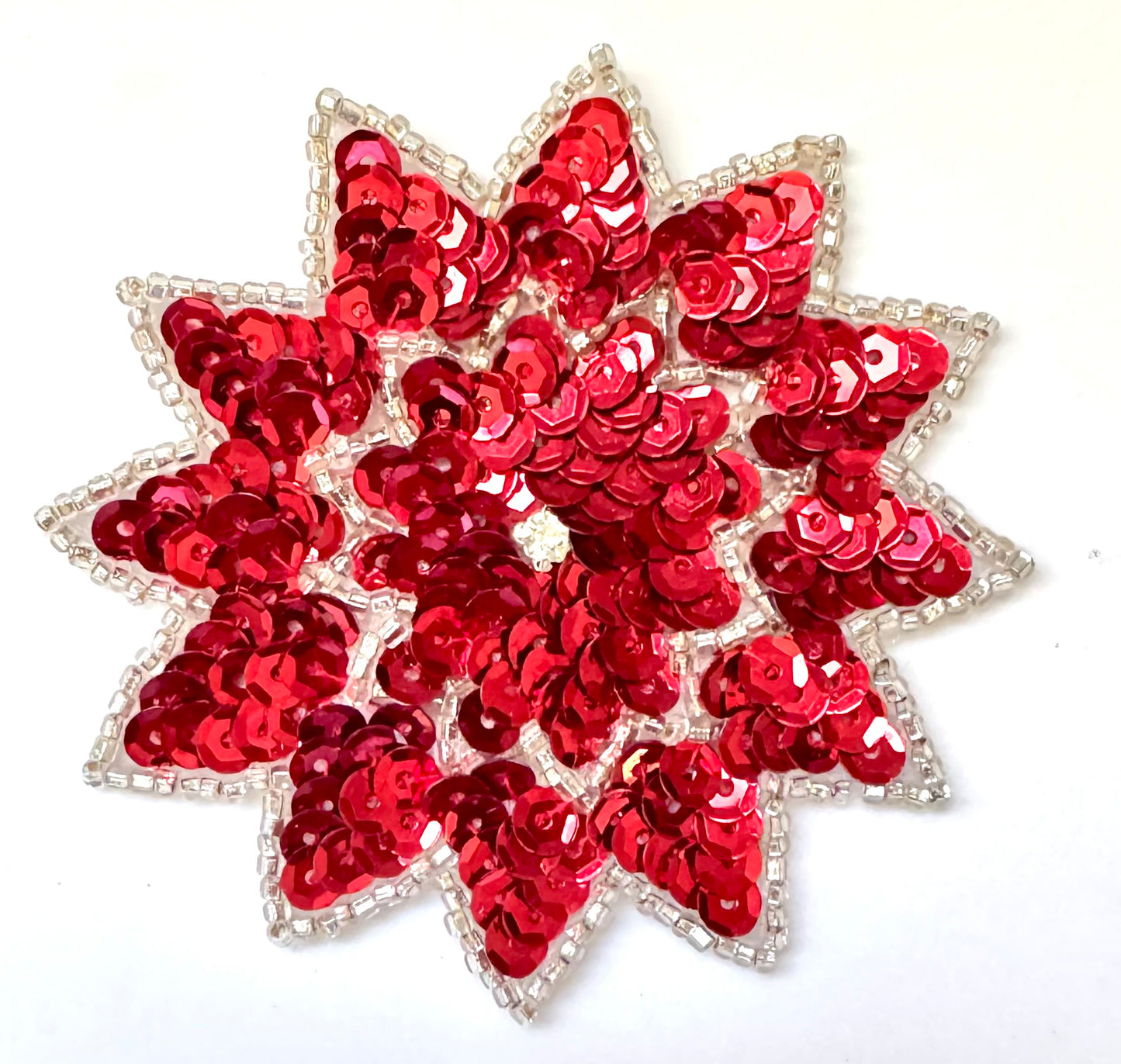 Flower with Red and Silver Beads and Sequins with a Rhinestone in the Center 3"