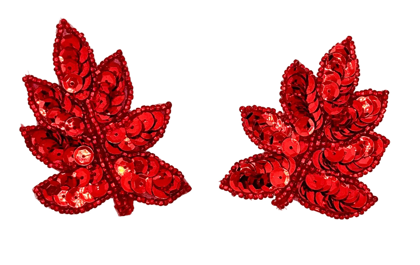 Leaf Pair with Red Sequins and Beads 2" x 2"