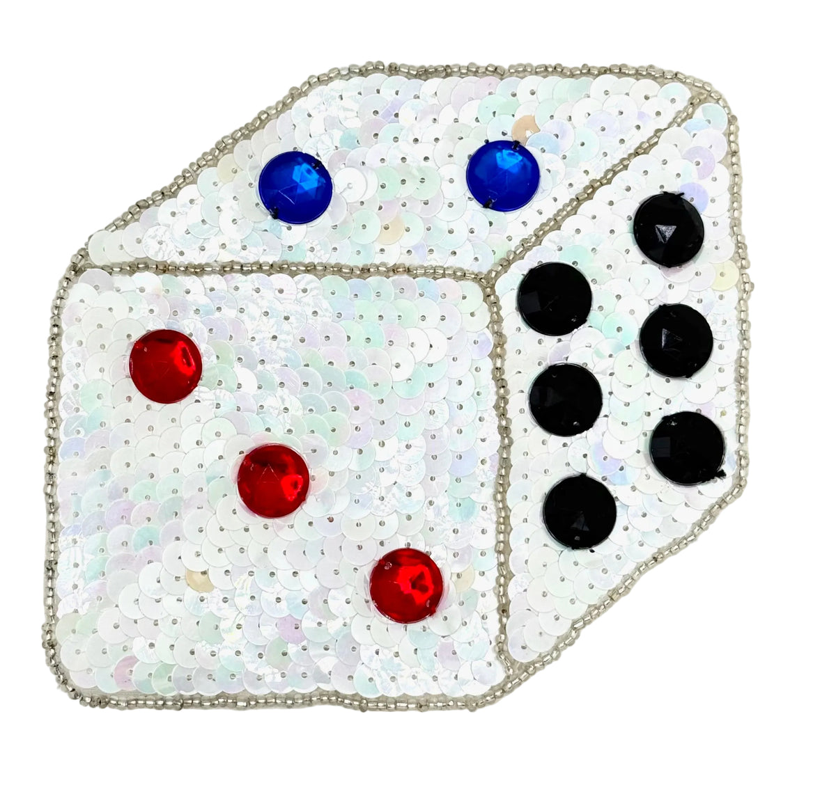 Single Die - White Iridescent Sequins - Silver Beads - Blue/Red/Black Acrylic Stones 5" x 4.5"