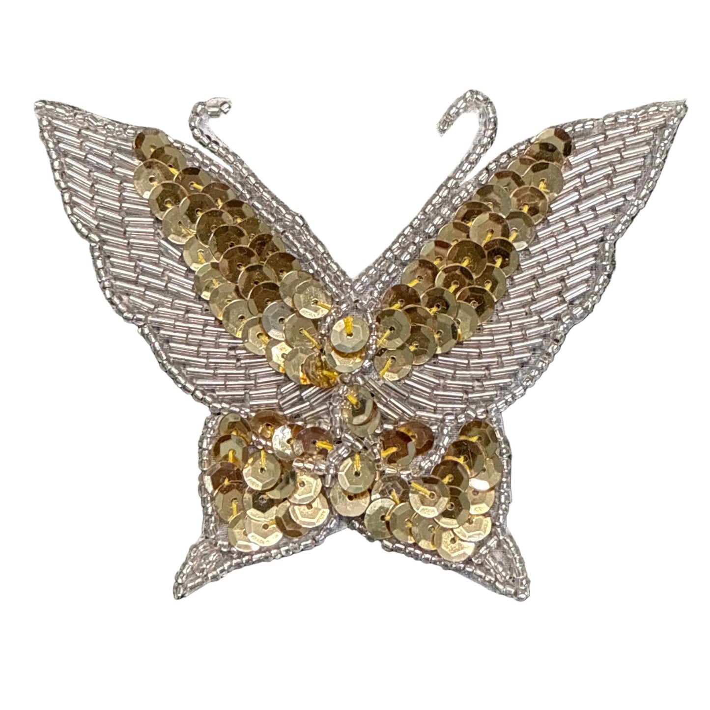 Butterfly Appliqué - Gold Sequins - Silver Bugle and Glass Beads 4.25” x 3.25”