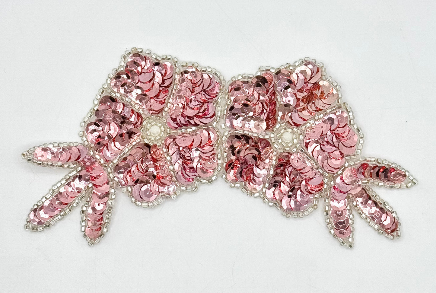Double Flower Appliqué with Pink Sequins and Silver Beads with a Pearl Center 6" x 3"