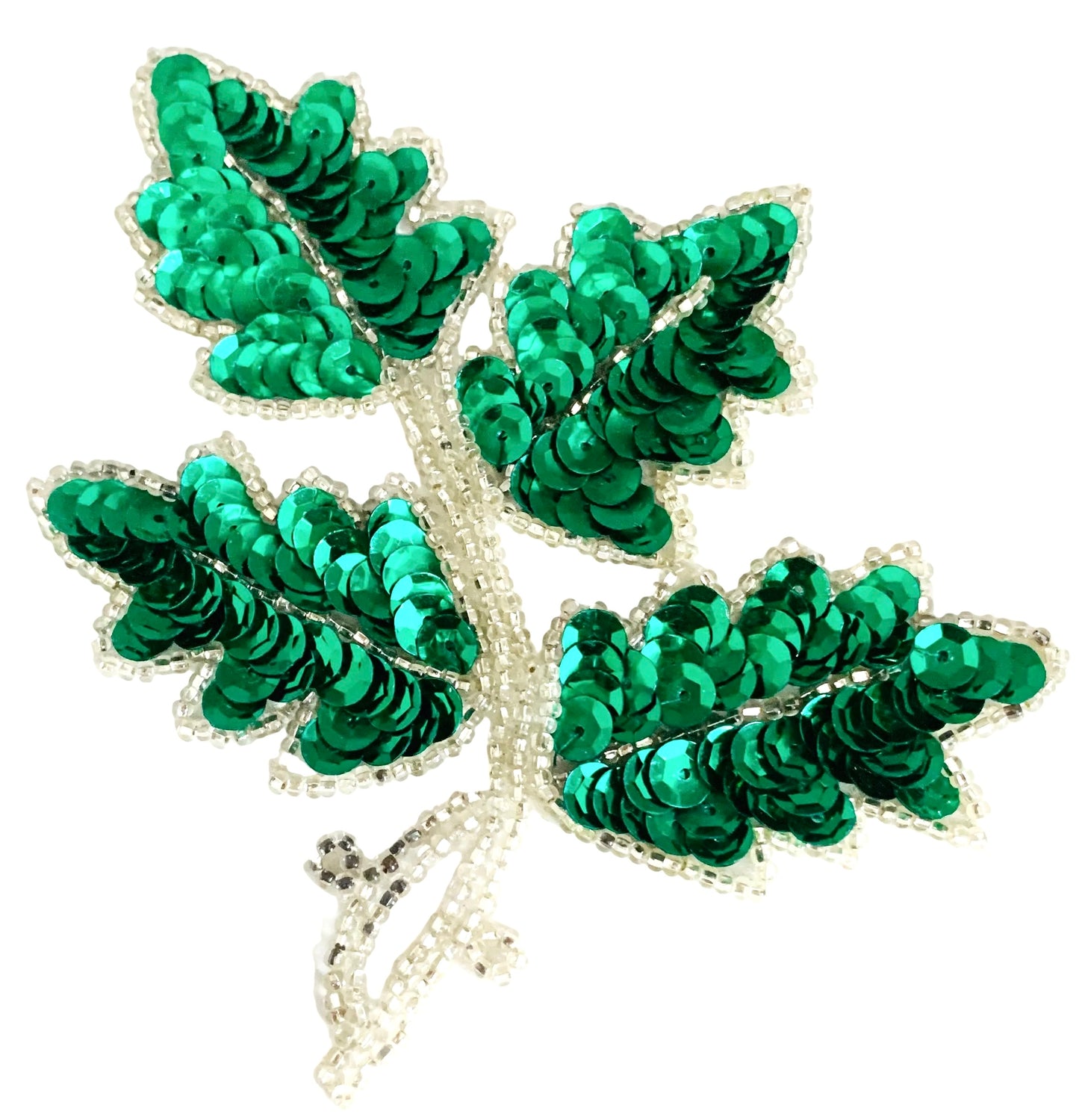 Hoja con lentejuelas verdes/cuentas plateadas de 5" x 4"