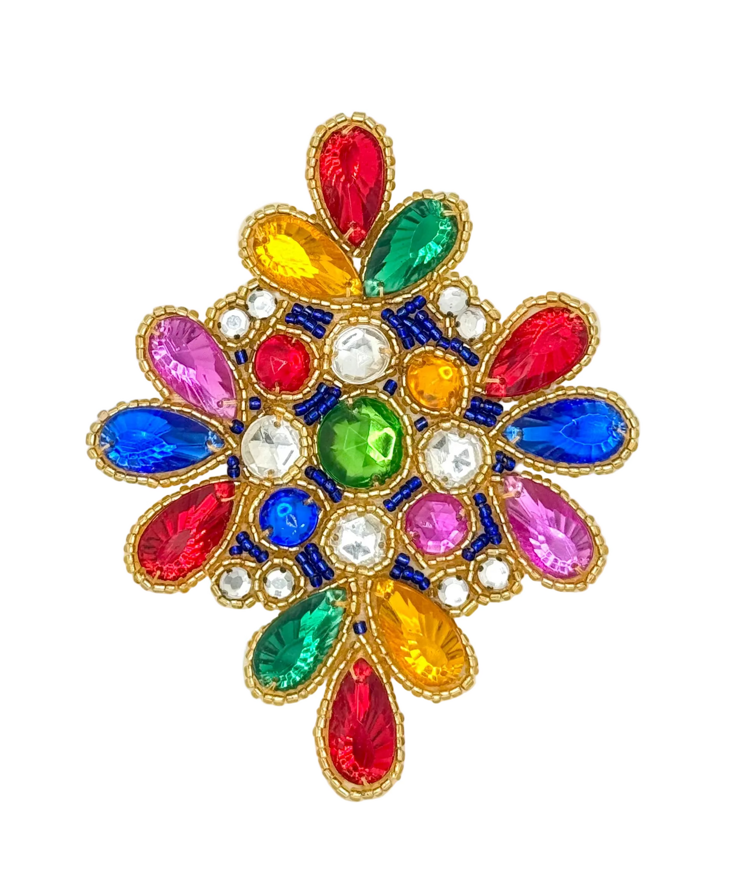 Decorative beaded accent with colorful gemstones on a white background