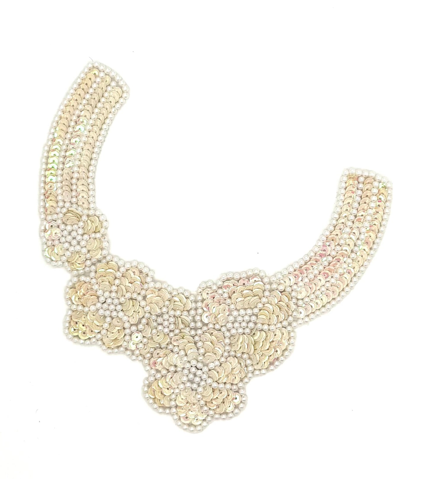 A delicate curved collar or neckline embellishment made of rows of small iridescent sequins and glass beads, photographed on a plain white background.