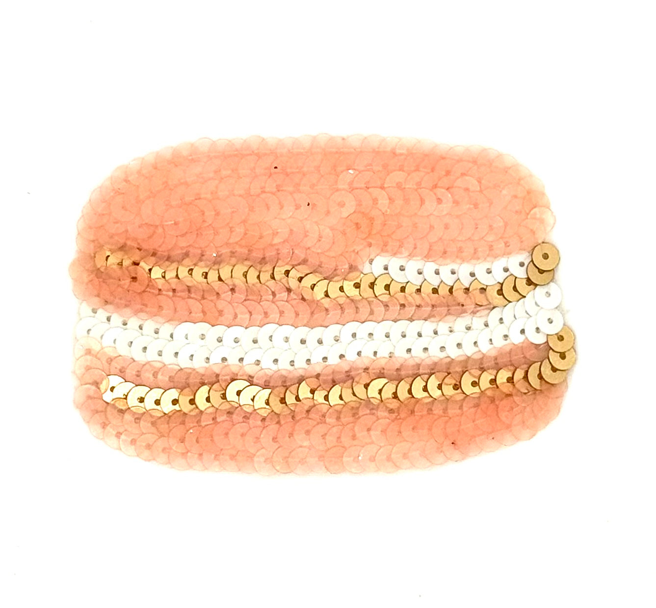 Macaron con lentejuelas iridiscentes rosas y lentejuelas doradas y blancas de 2.5" x 3.5"