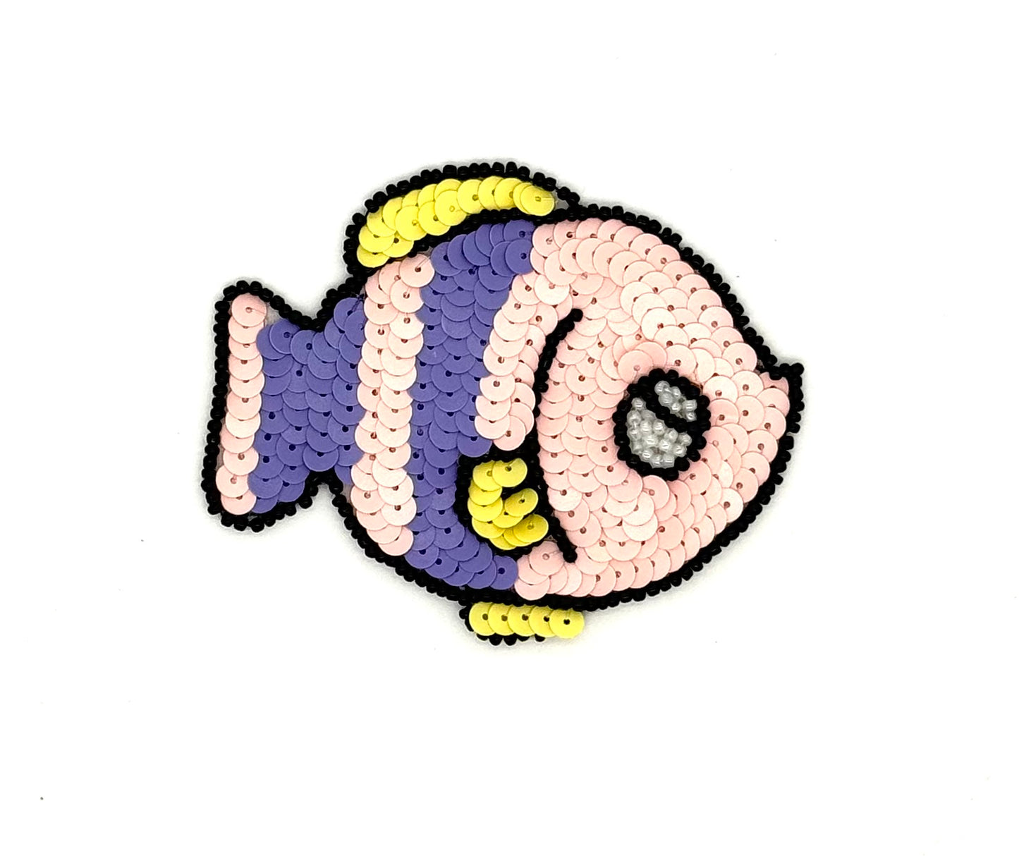 Sequined fish patch with purple and pink body on a white background