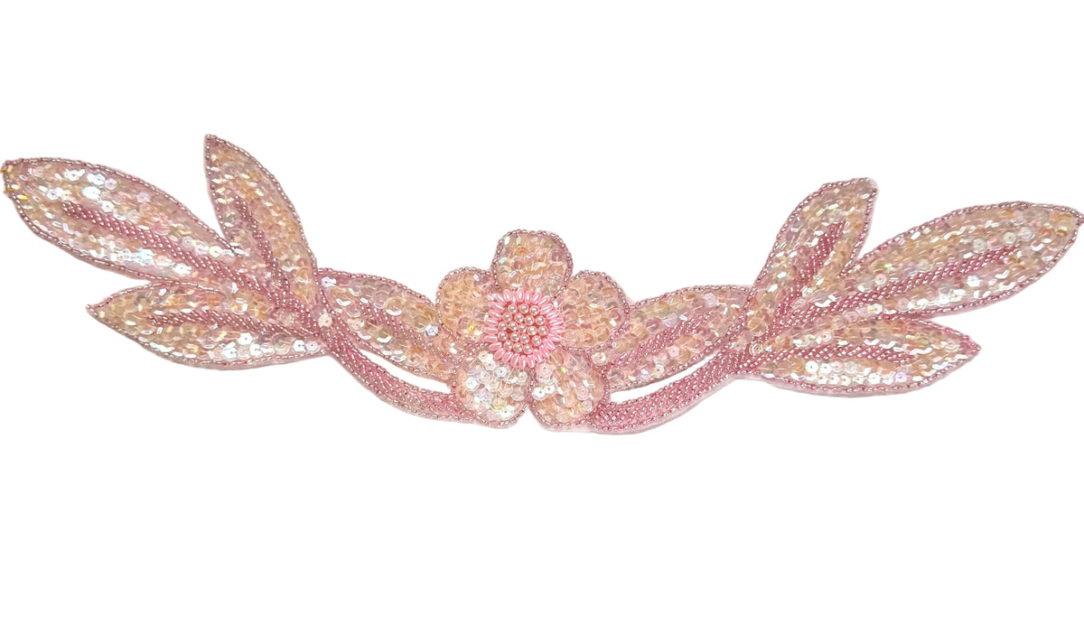 Pink Sequin Floral Neckline Appliqué with Glass & Pearl Beads — 17" x 4"
