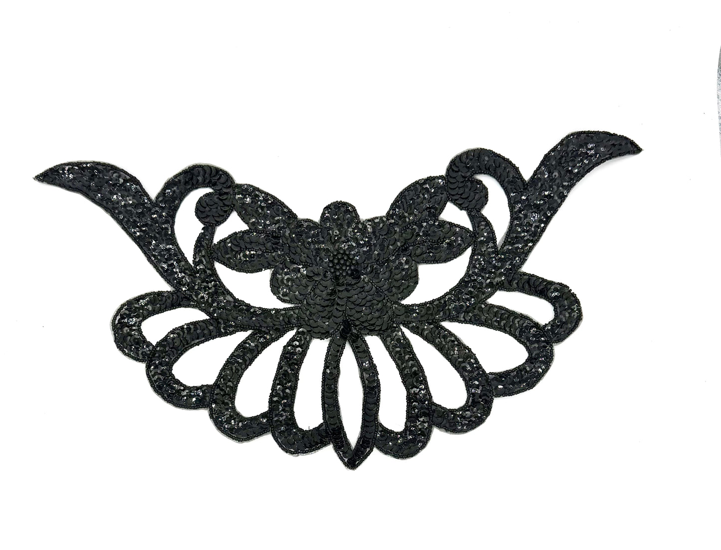 Designer Motif Flower Collar Neckpiece - Black Sequins - Black Beads 16”x 8”