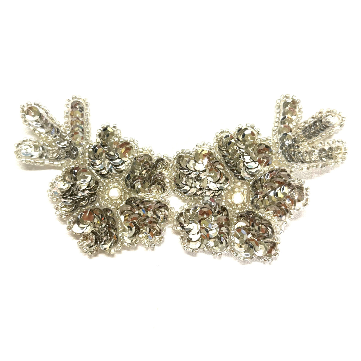 Double Flower - Silver Sequins - Silver Beads - Pearl Center - 6" x 3"