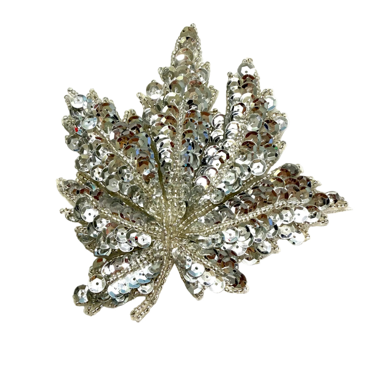 Silver Sequin Leaf Appliqué with Silver Beads — 4.5" x 4.5"