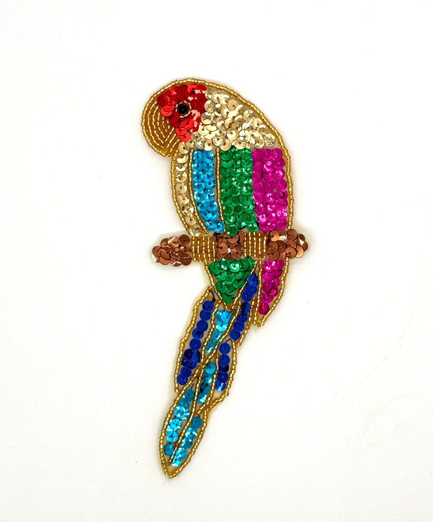 Loro con plumas de la cola turquesas - Lentejuelas multicolores y cuentas doradas y negras de 17.15 x 6.35 cm