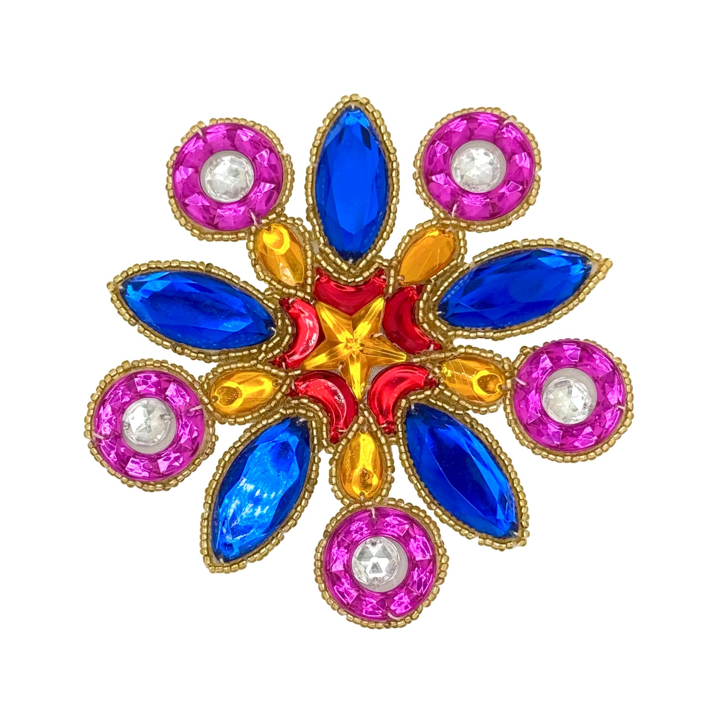 A colorful floral patch featuring blue marquise-shaped stones, pink round stones with clear center gems, yellow and red accents, and gold-tone borders on a white background.