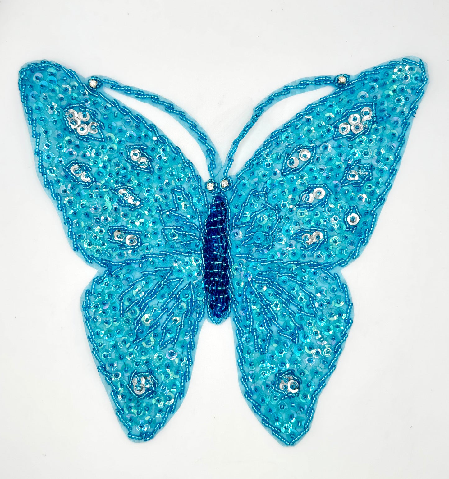 Gorgeous Butterfly with Iridescent, Silver and Turquoise Sequins and Turquoise Beads and Rhinestones 9.5" X 8.5”