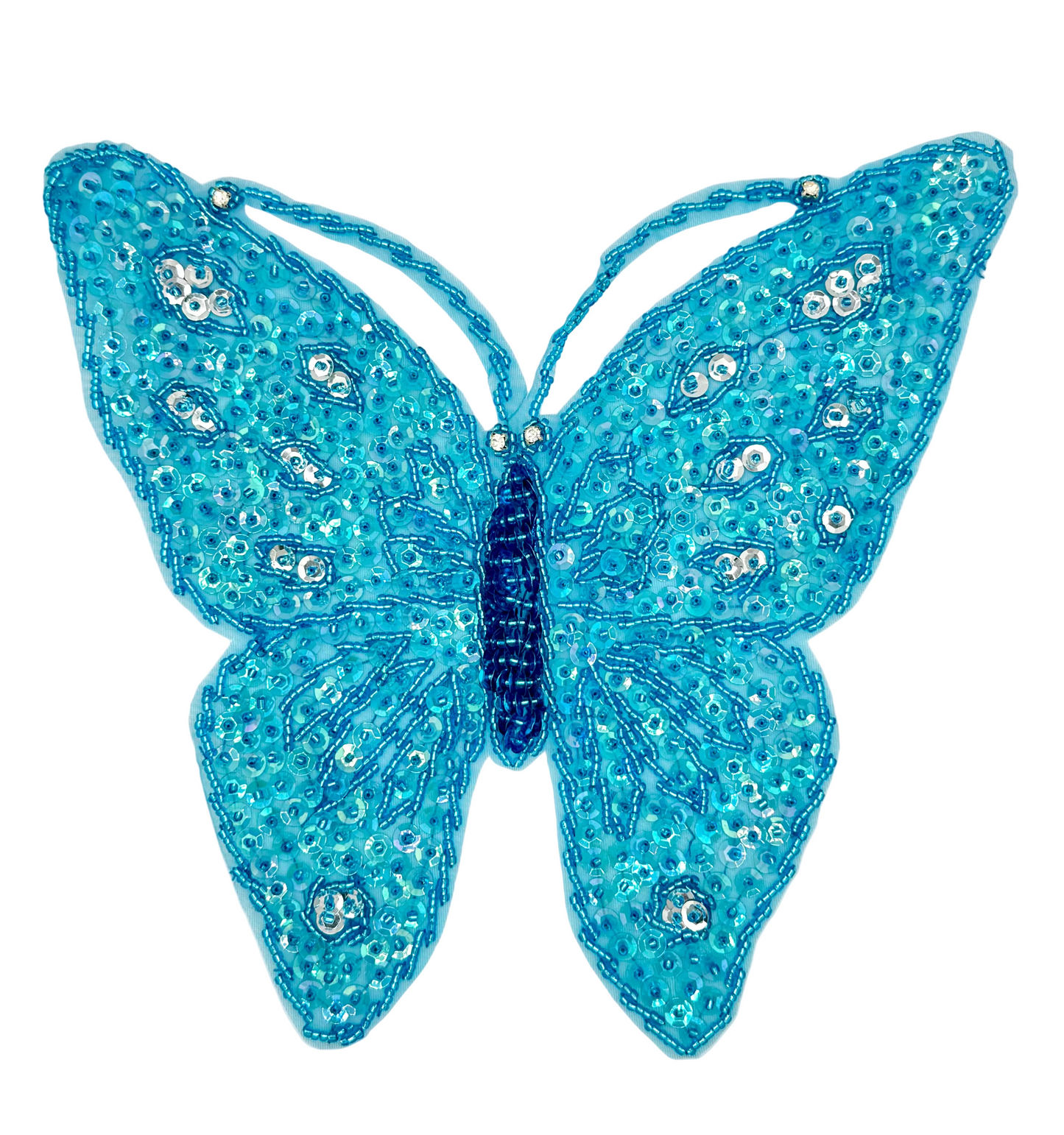 Turquoise butterfly patch with sequins, beads and rhinestones on a white background
