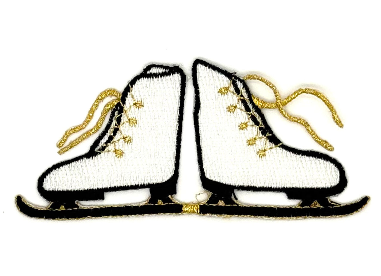 Ice Skates - White/Black/ Metallic Gold Embroidered Iron-on 4" x 2"