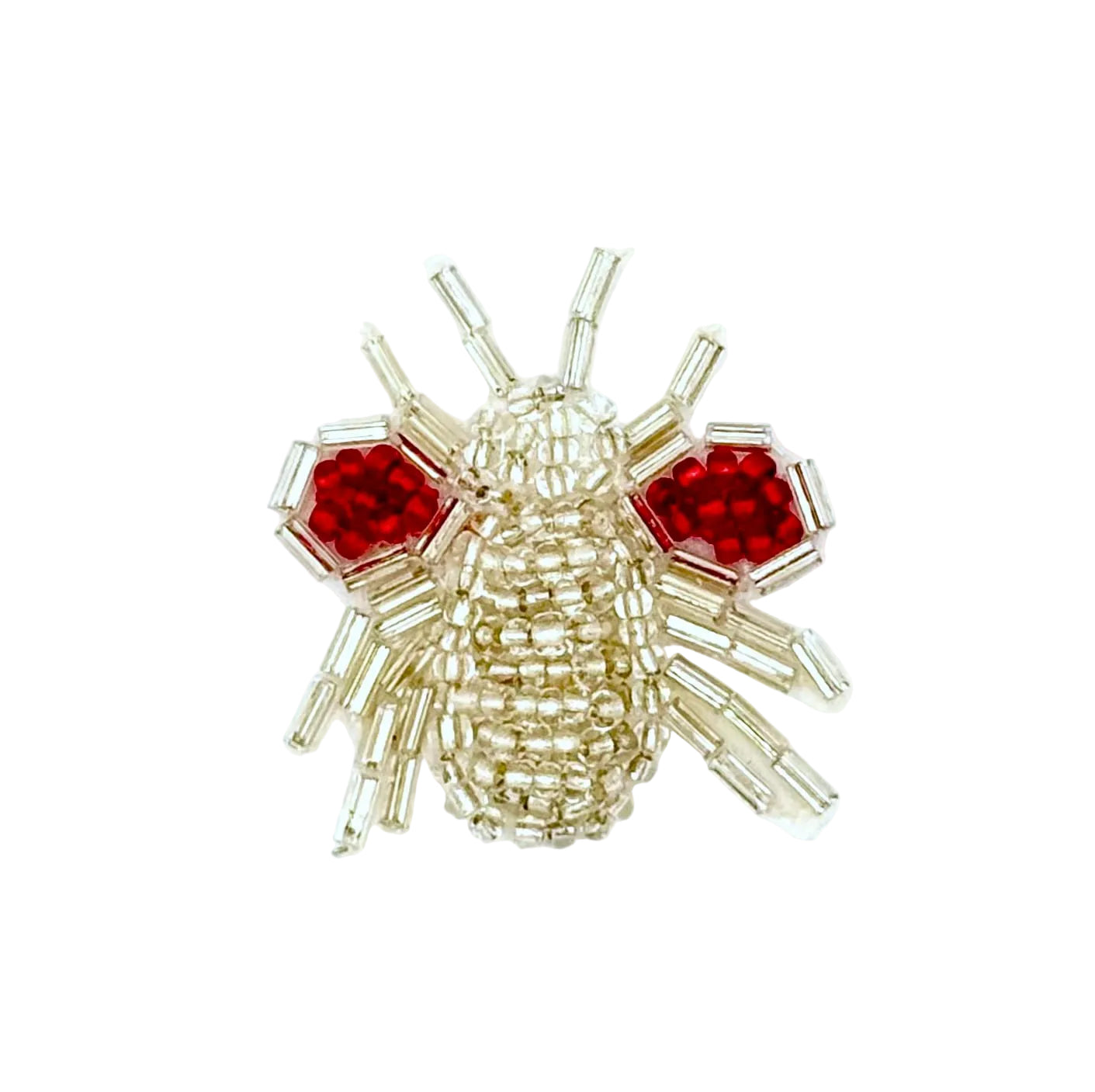 Beaded insect patch with red and silver glass beads on a white background