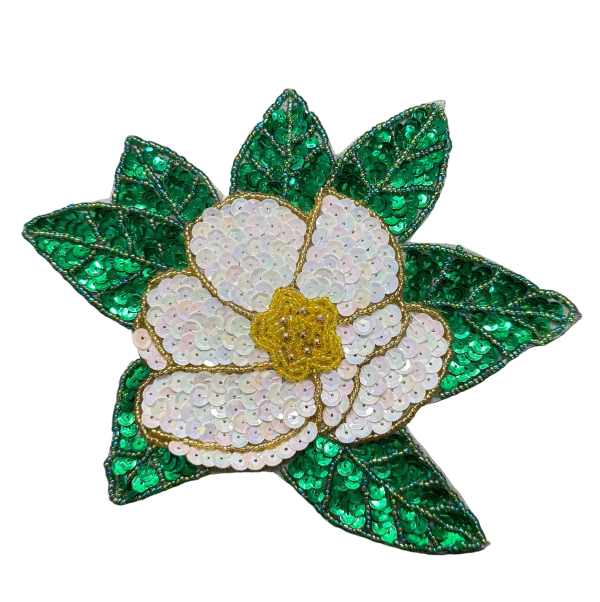 Flower Appliqué - White/Green Sequins - Glass Beads 7" x 5.5"
