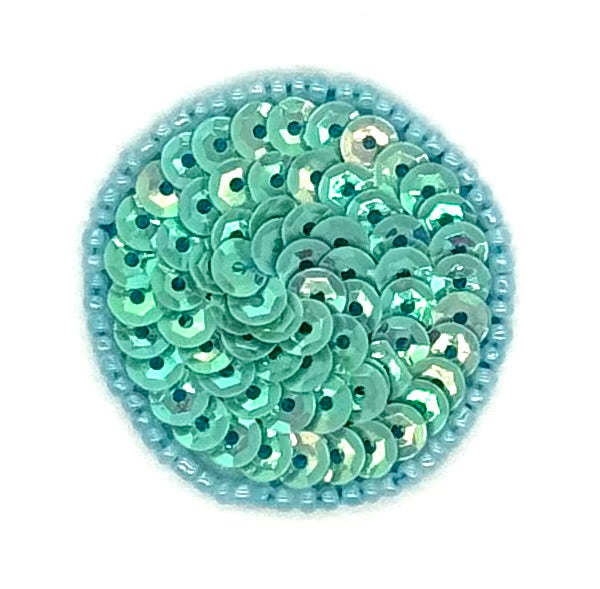 Dot Appliqué -Iridescent Aqua Blue/Green Sequins - Baby Blue Glass Beads 1.5