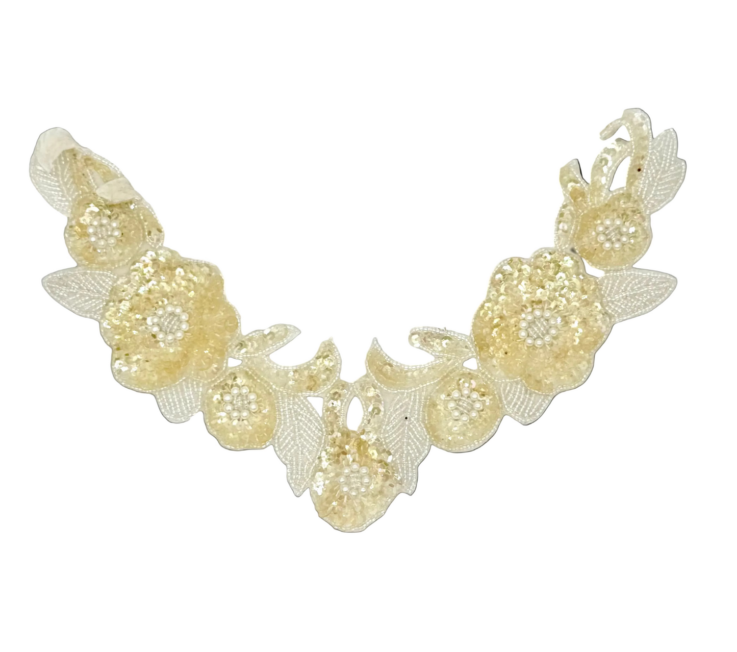 Designer Motif Flower Neckpiece with Iridescent Beige Sequins and Beads 12”x 7”
