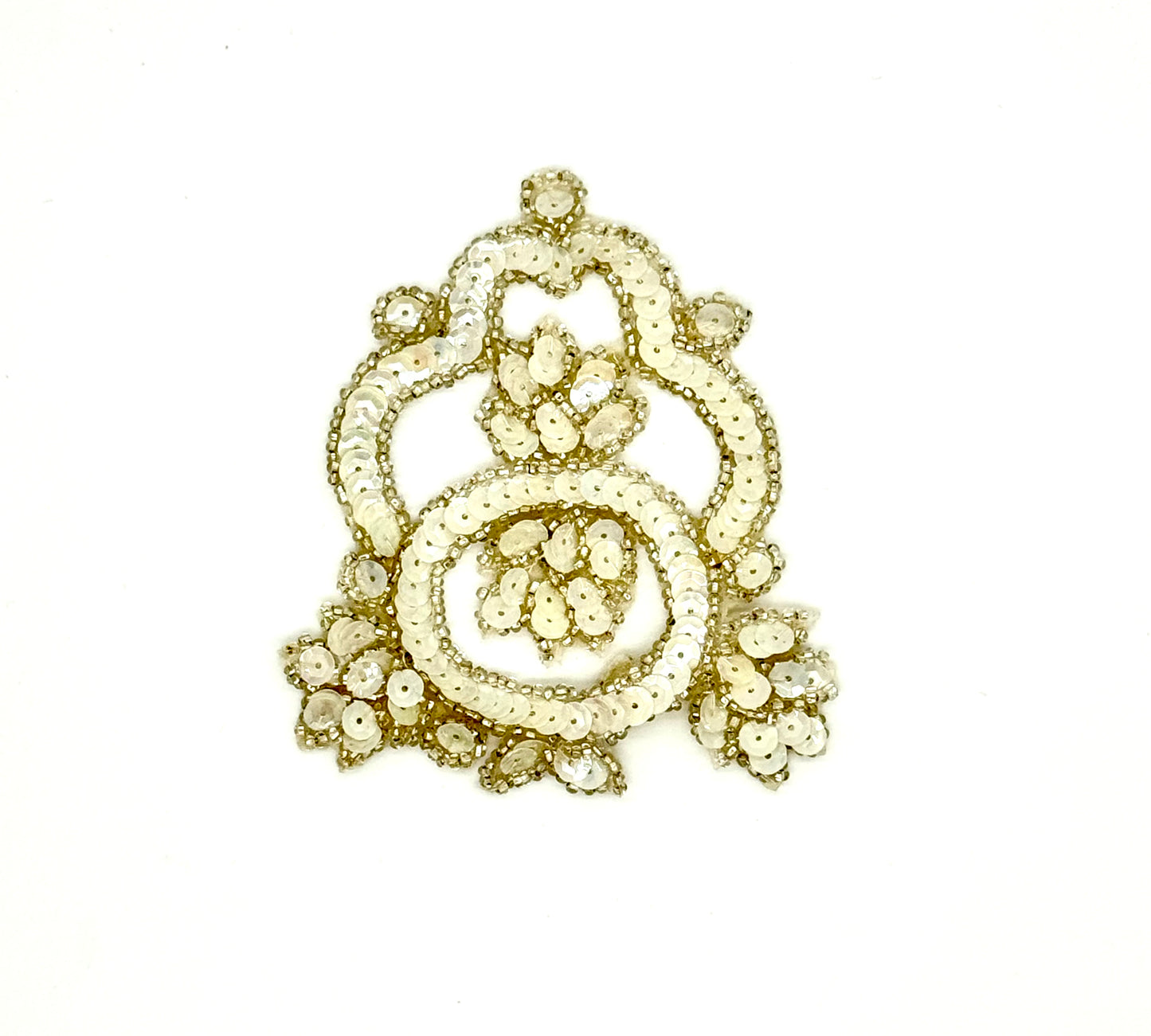 Designer Motif with Iridescent Ivory Colored Sequins and Silver Beads 4”x 4”