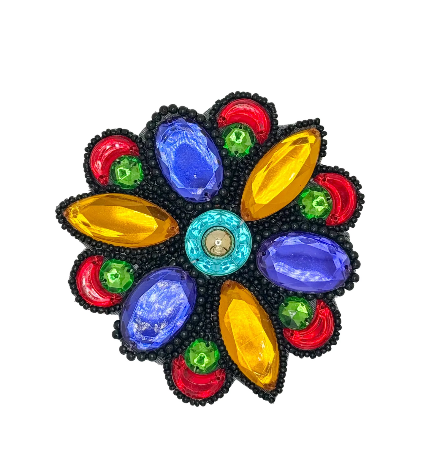 Colorful beaded flower design on a white background