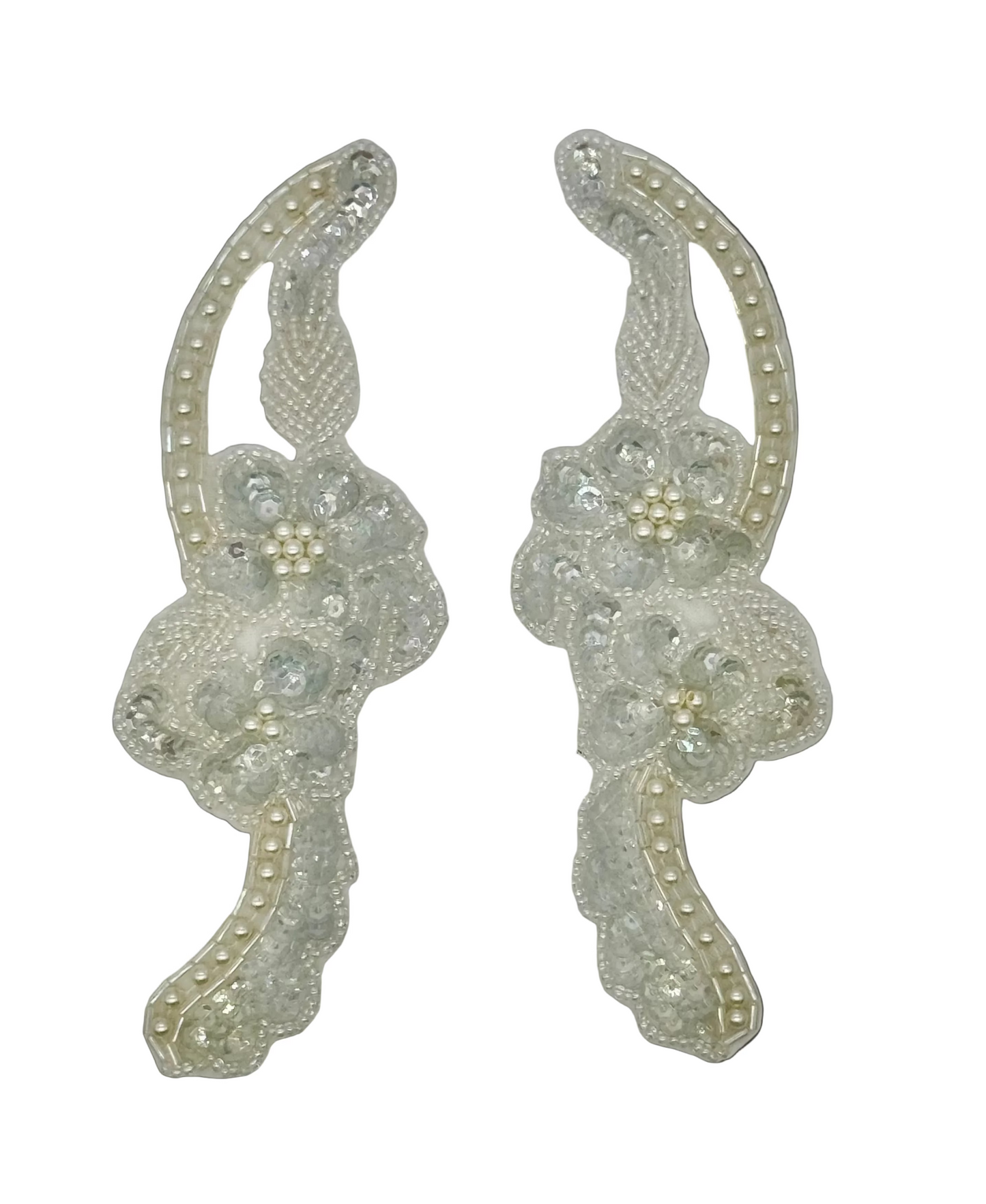Designer Motif Flower Pair with Iridescent White Sequins, Beads and Pearls 6.5”x2.5”