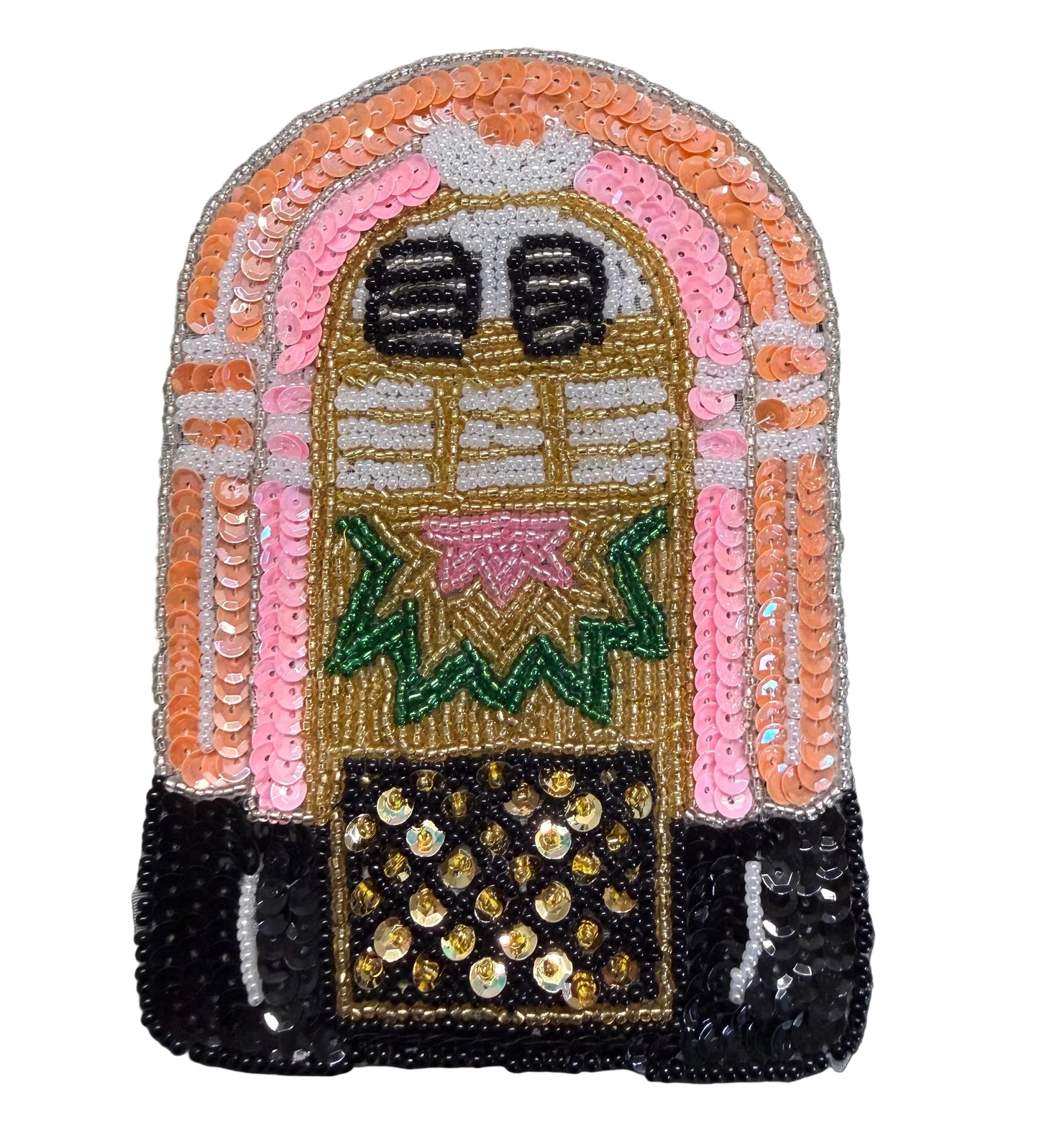 Jukebox con lentejuelas y cuentas rosa, durazno, negro, verde y dorado de 6" x 4"