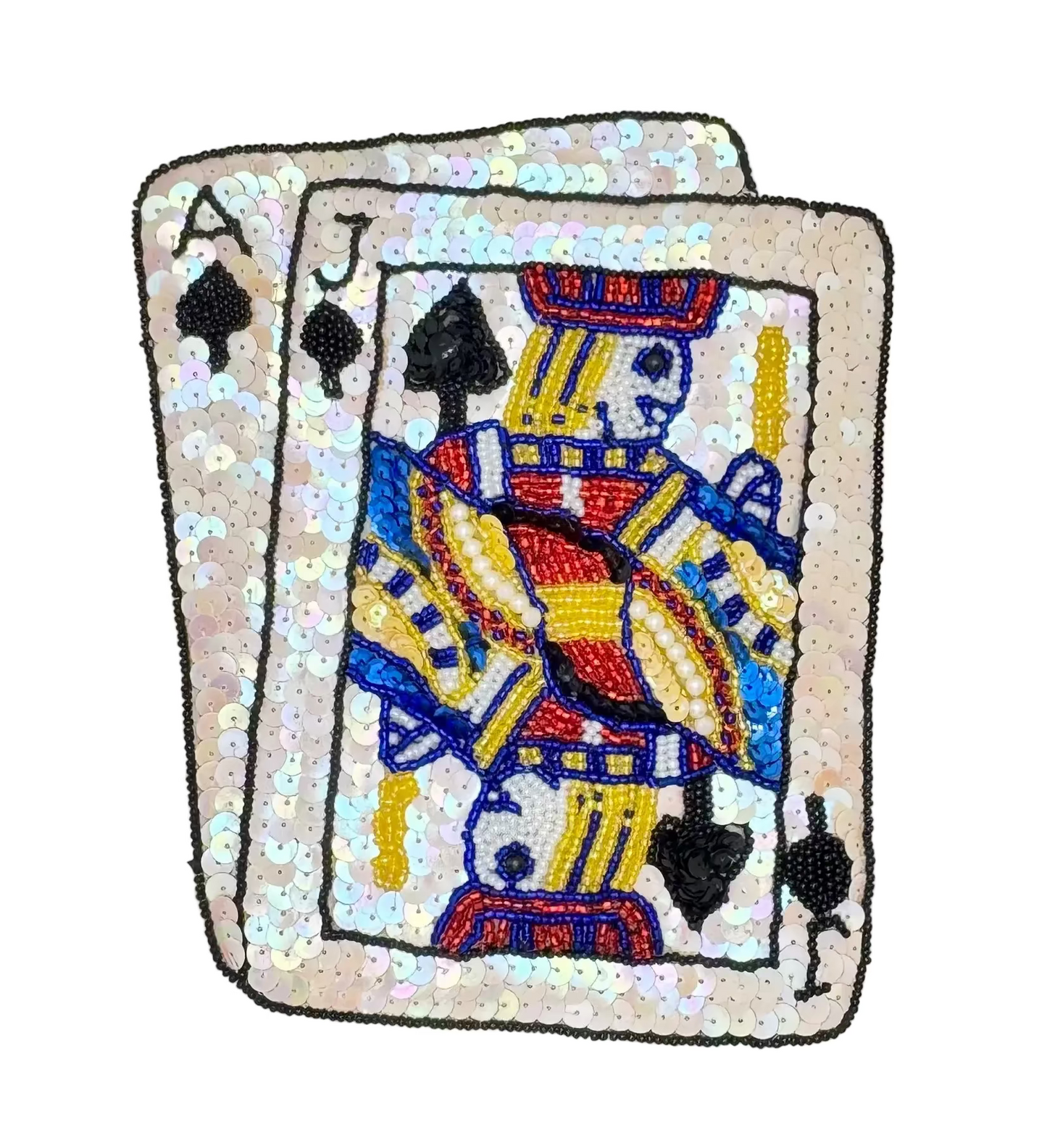 Sequined card with a jack of spades design on an Iridescent White background
