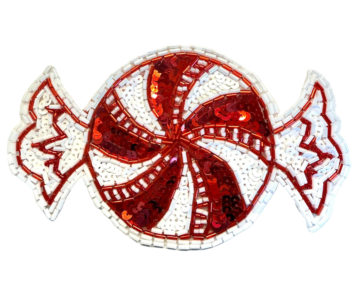 Peppermint Candy Sequin & Bead Appliqué - Red & White - 6" x 3.5"
