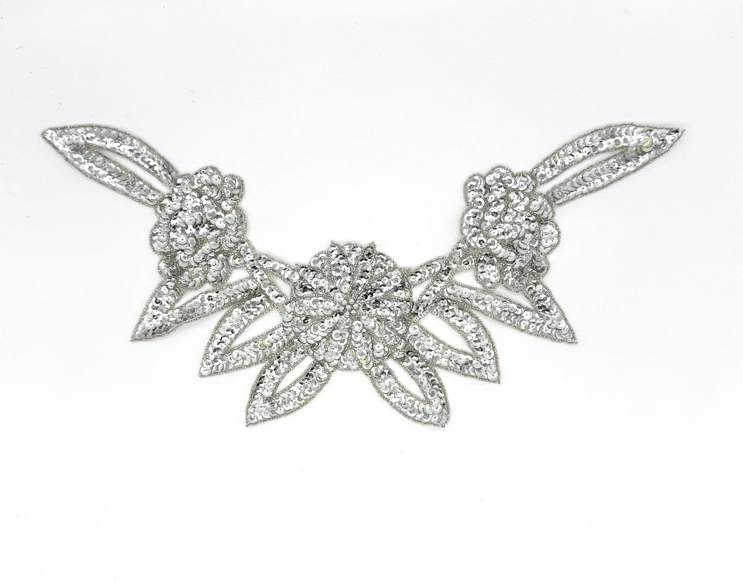 Designer Motif Flower Neckpiece - Silver Sequins - Silver Beads 16”x 7.5”