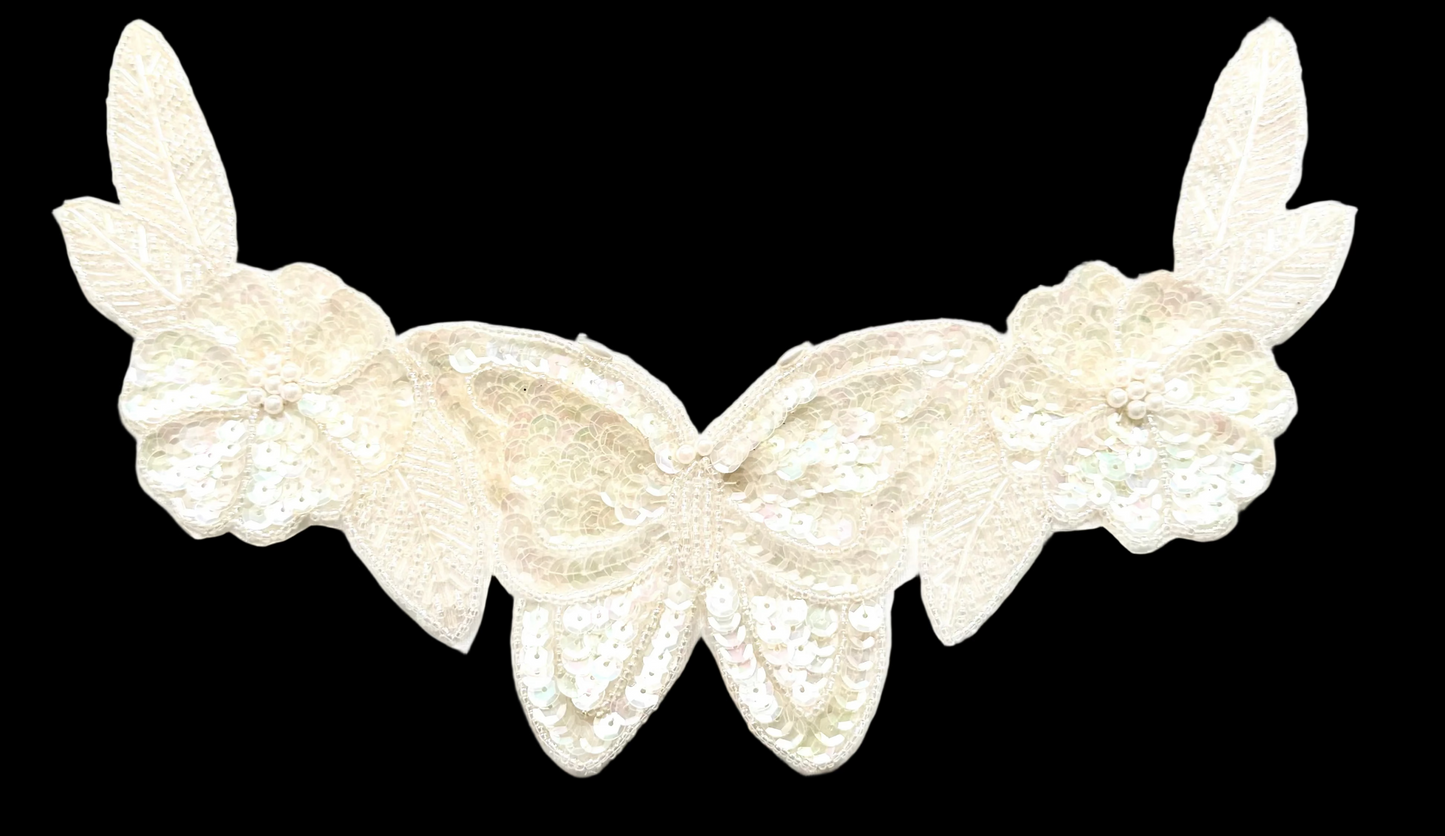 Escote floral con lentejuelas iridiscentes de mariposa y cuentas 28 cm x 15 cm