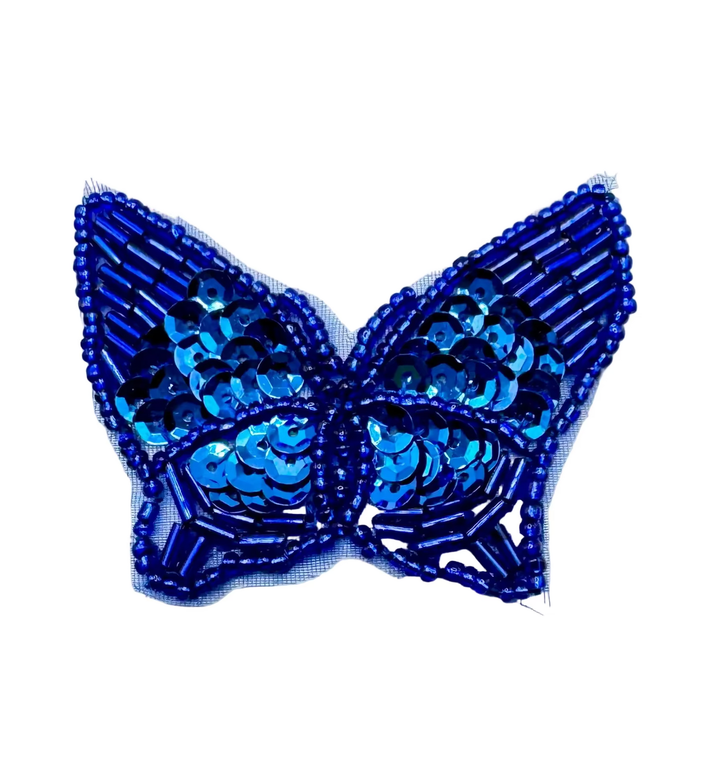 Blue sequin butterfly patch on a white background