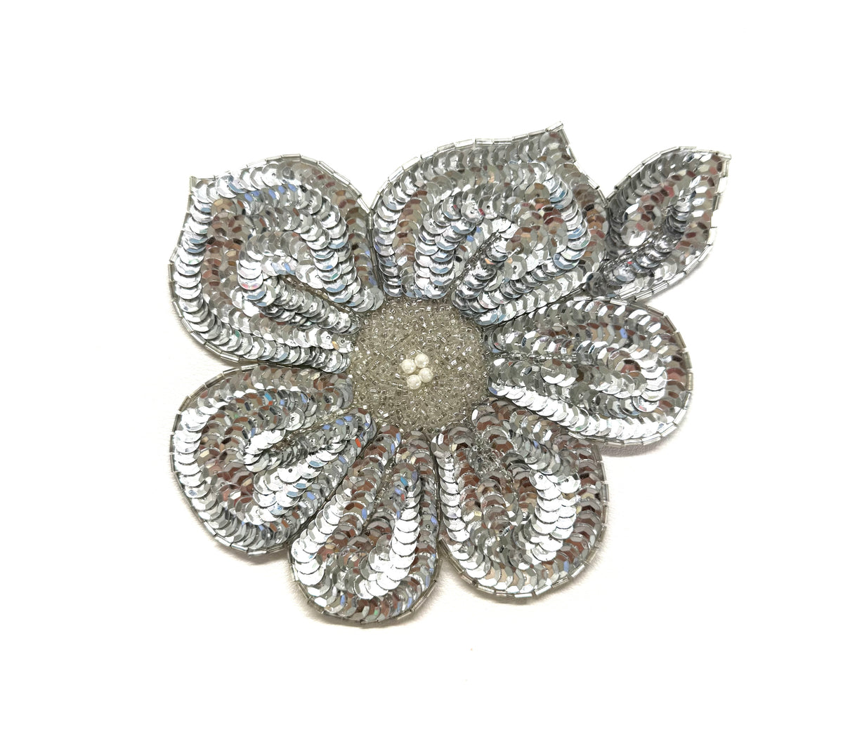 Silver Sequin & Bead Flower Appliqué with Pearl Center – 7" x 5.5" Embroidered Patch