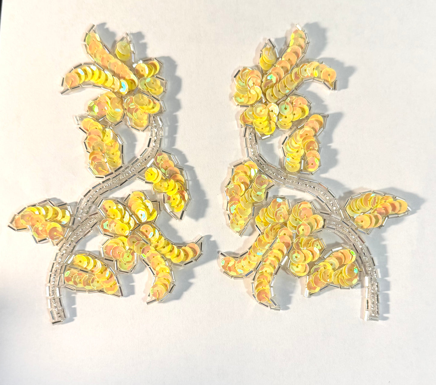 Flower Pair with Yellow Vibrant Sequins and Silver Beads 5" x 3.5"