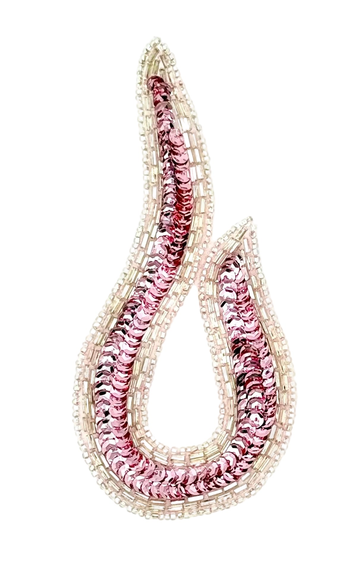 A teardrop-shaped beaded accent featuring pink and white beads, set against a plain white background.