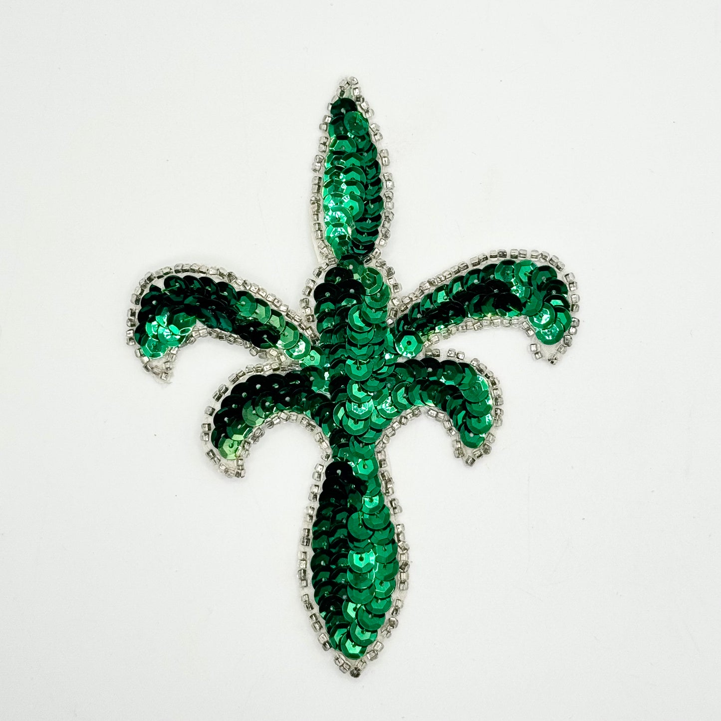 Fleur de lis with Emerald Green Sequins and Silver Beads 5" x 4"