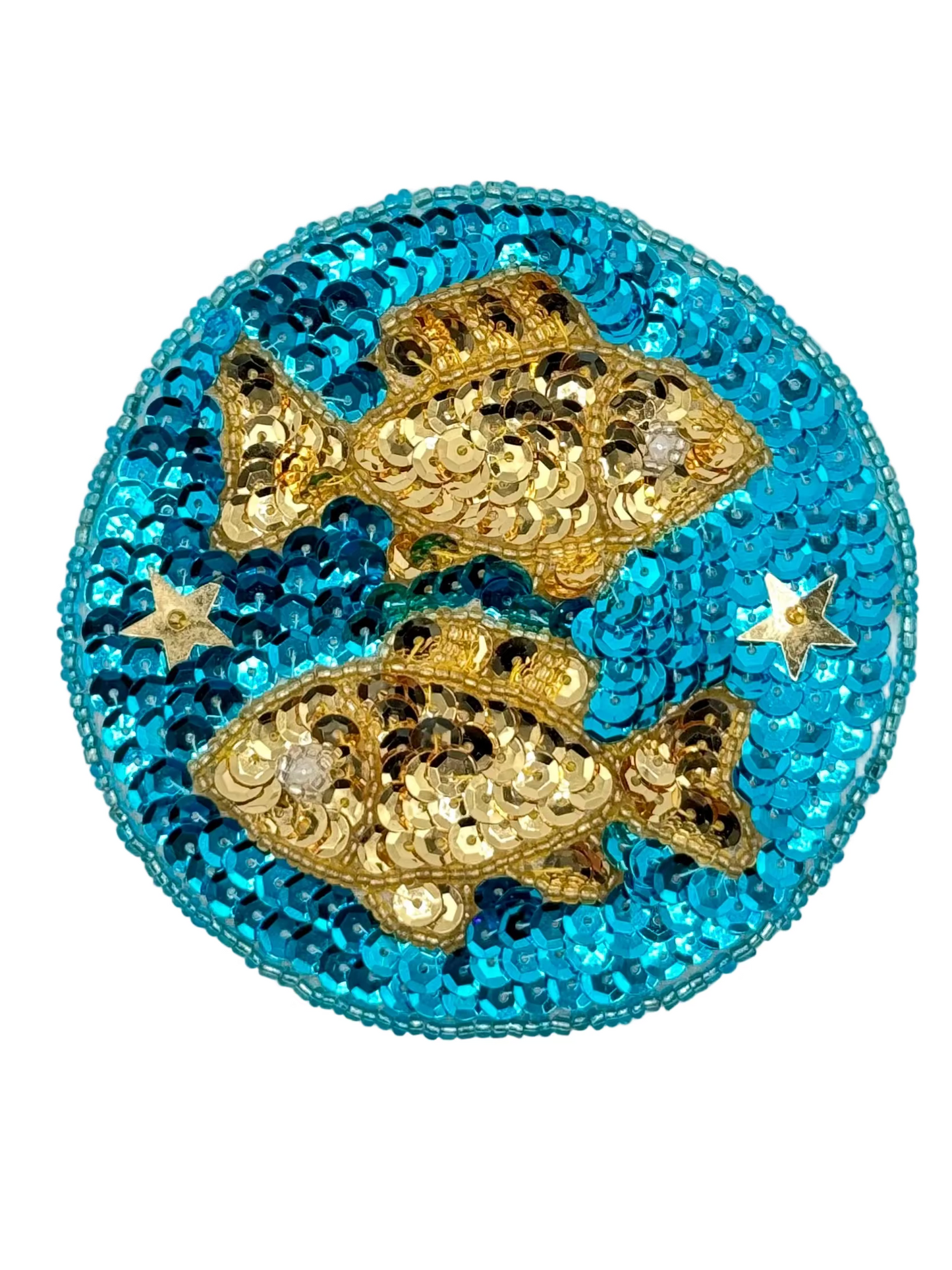 Pisces Zodiac patch with gold fish on a blue sequined background