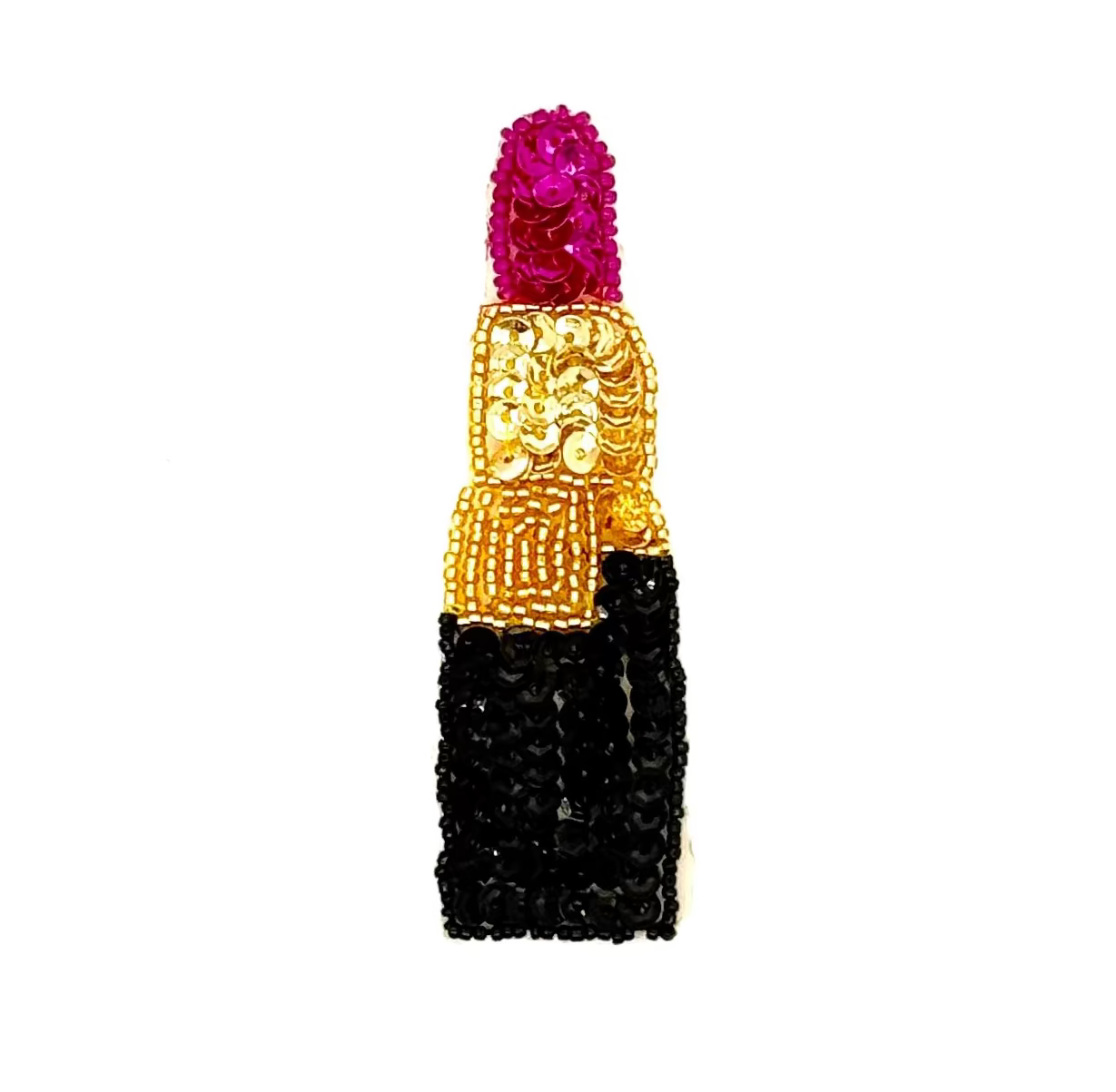 Sequin and bead lipstick with Fuchsia top, gold middle, and black bottom on a white background