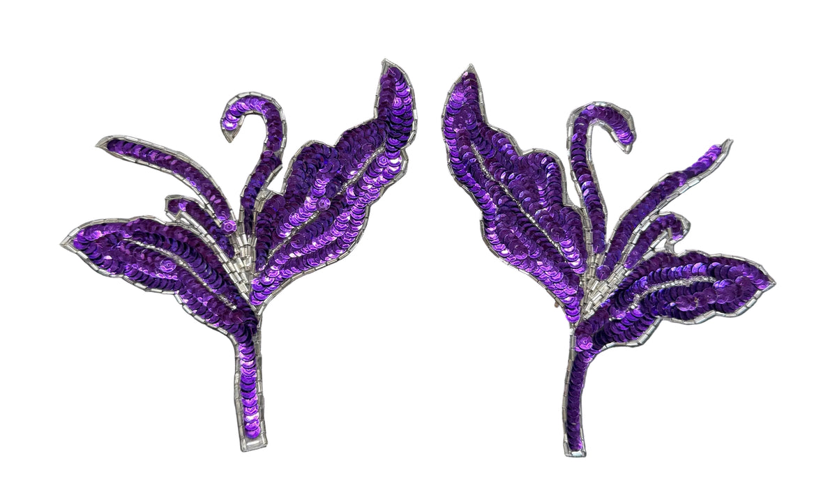 Flower Pair - Purple Sequins - Silver Beads 6.5" x 6"