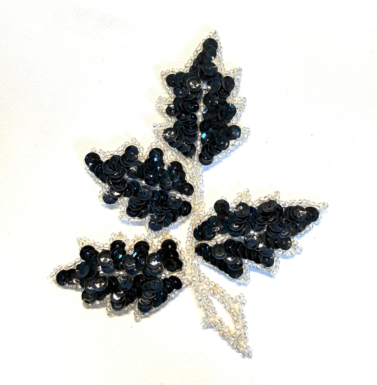 Black Sequin Leaf Appliqué with Silver Beads – 4" x 3.25"