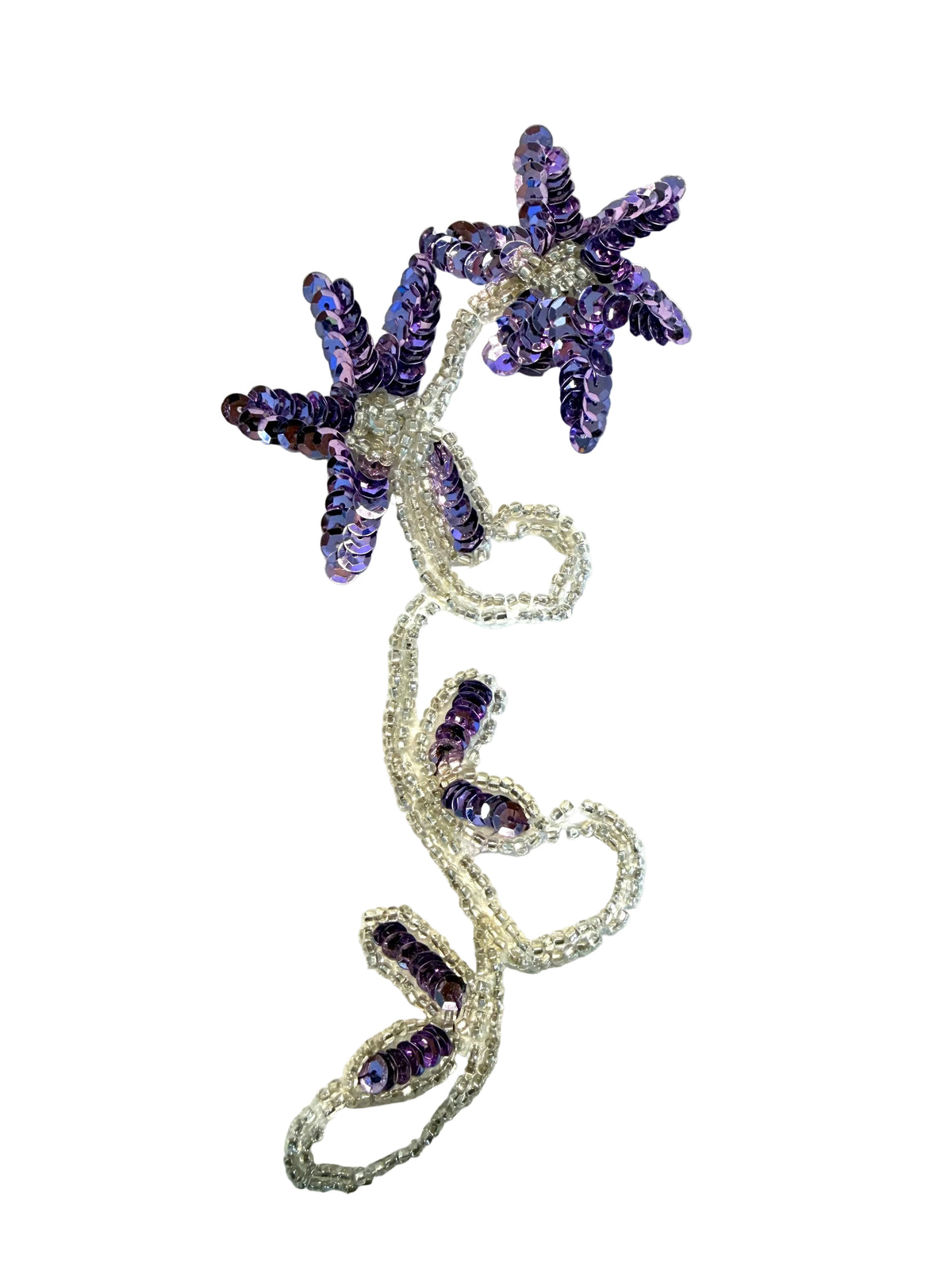 Flower Appliqué - Purple Sequins - Silver Beads - Rhinestone, 8" x 3"
